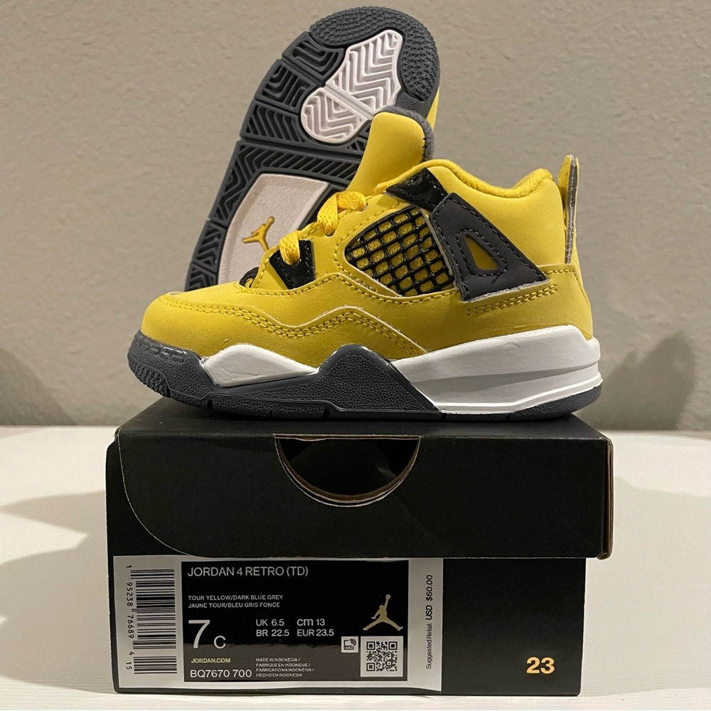 Jordan 4 Retro (TD), Lightning, Size 7c, Tour Yellow Dark Blue Grey